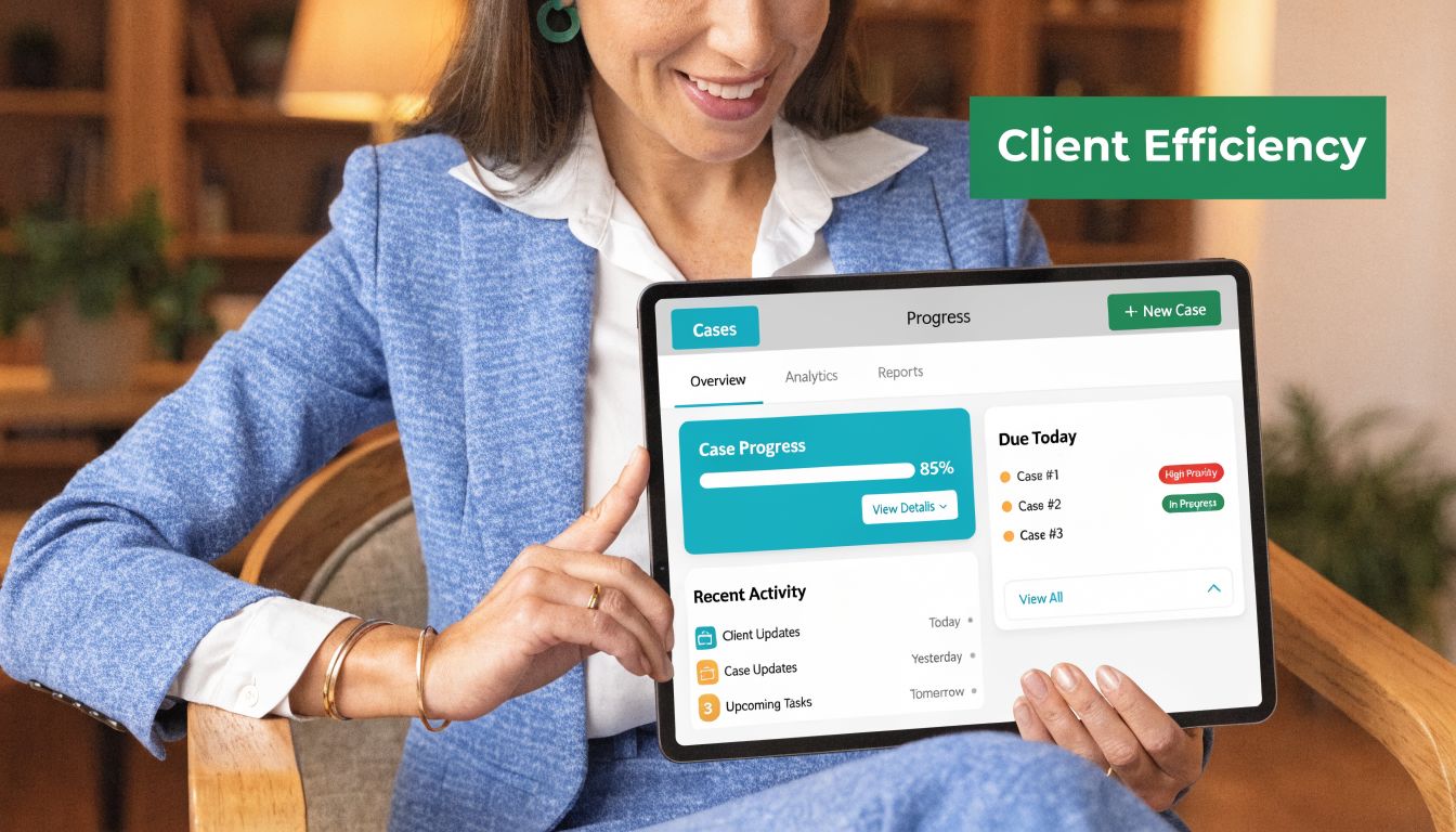 A professional woman in a blue suit holding a tablet displaying a law firm client management dashboard.