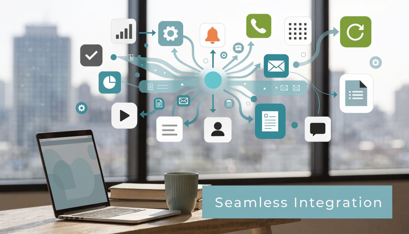 A laptop on a wooden desk displaying digital integration icons representing law firm client management software systems.
