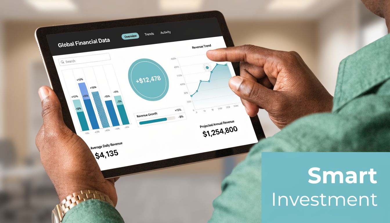 A professional analyzing global financial data charts on a digital tablet screen while wearing a green shirt.