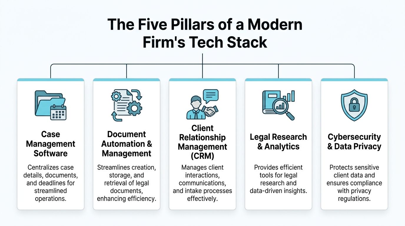 A diagram illustrating the five essential pillars of a modern law firm's technology stack for operational efficiency.
