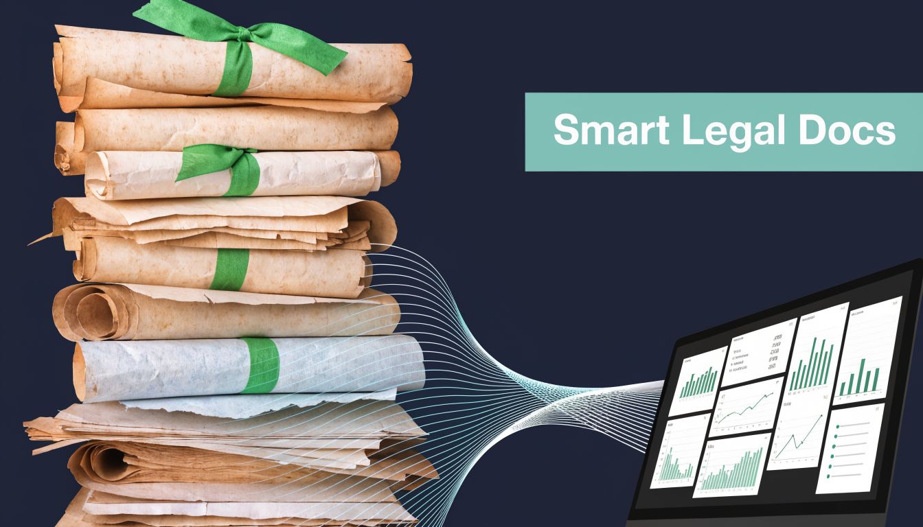A digital visualization showing a stack of antique paper scrolls being converted into modern data analytics charts.