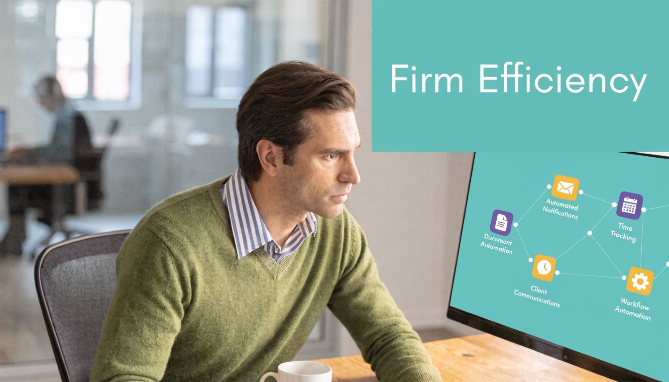 A professional man focused on his computer screen showing a workflow automation diagram for legal firms.