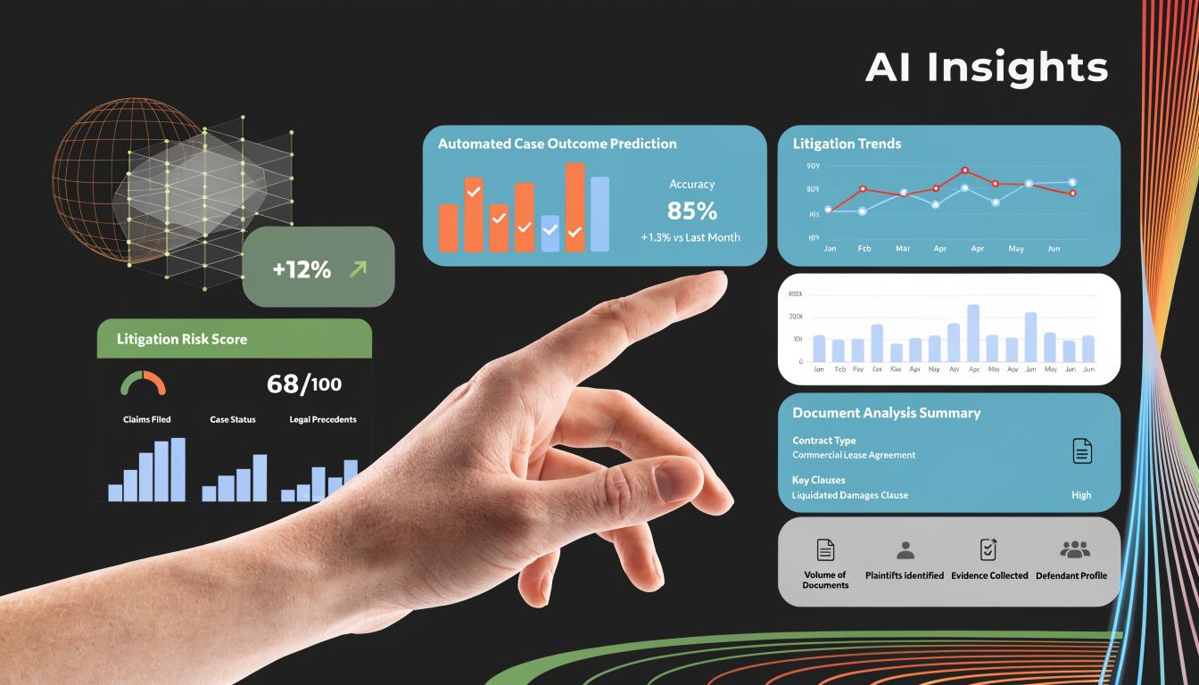 A digital interface showcasing AI-driven legal analytics, litigation risk scores, and case outcome predictions with a hand hovering.