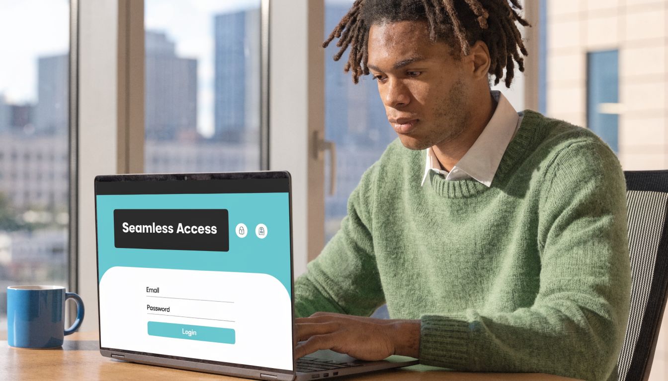 A young man with dreadlocks working on his laptop displaying a seamless access login page.