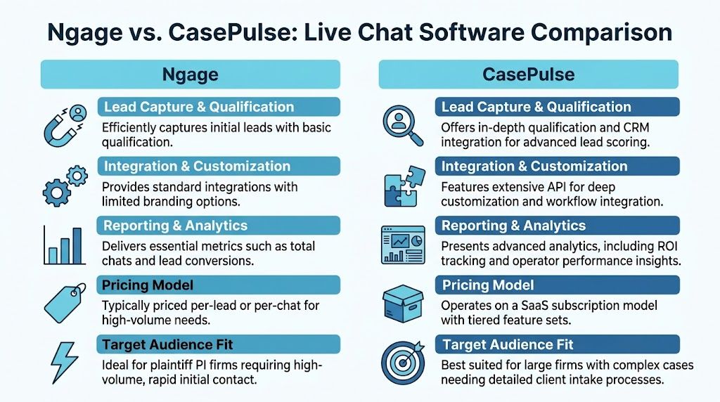 A comparison chart outlining the key differences between Ngage and CasePulse live chat software features.
