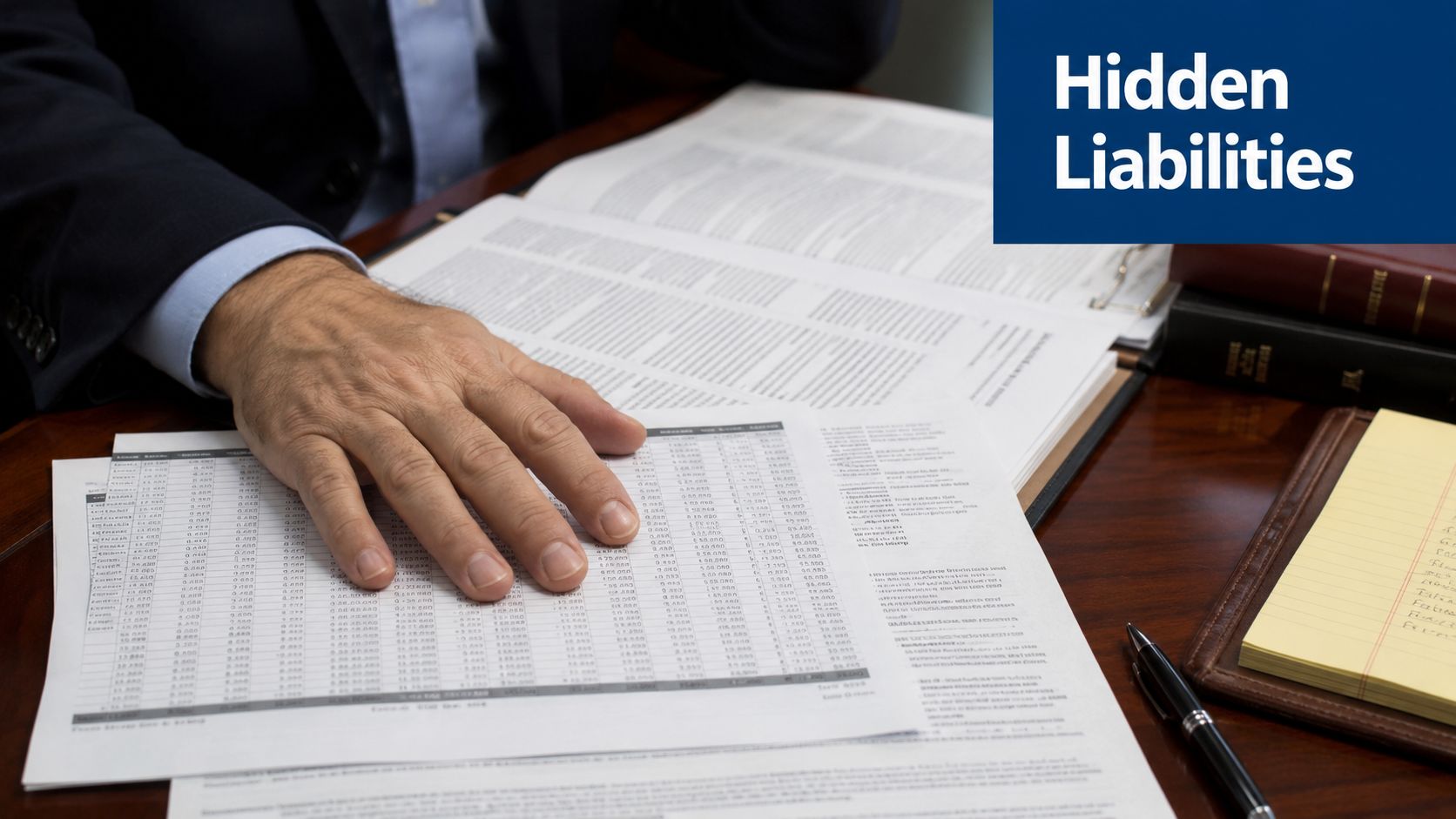 A professional accountant reviewing detailed financial documents and ledgers on a desk at a law firm.