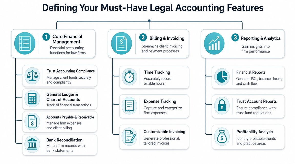 A flowchart outlining three essential categories of legal accounting software features for law firm financial management.