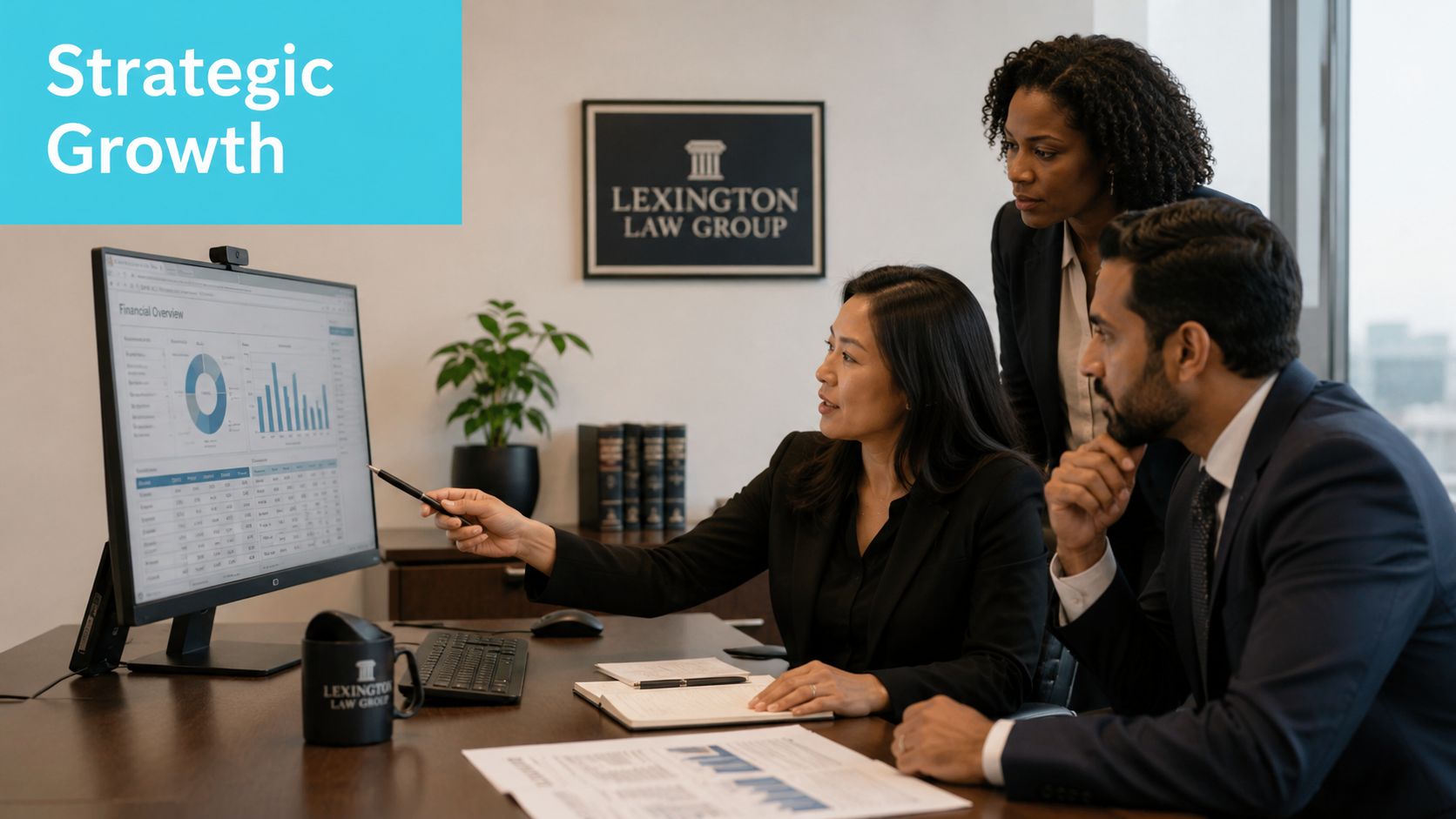 A professional team at Lexington Law Group reviewing financial data on a computer screen in an office.
