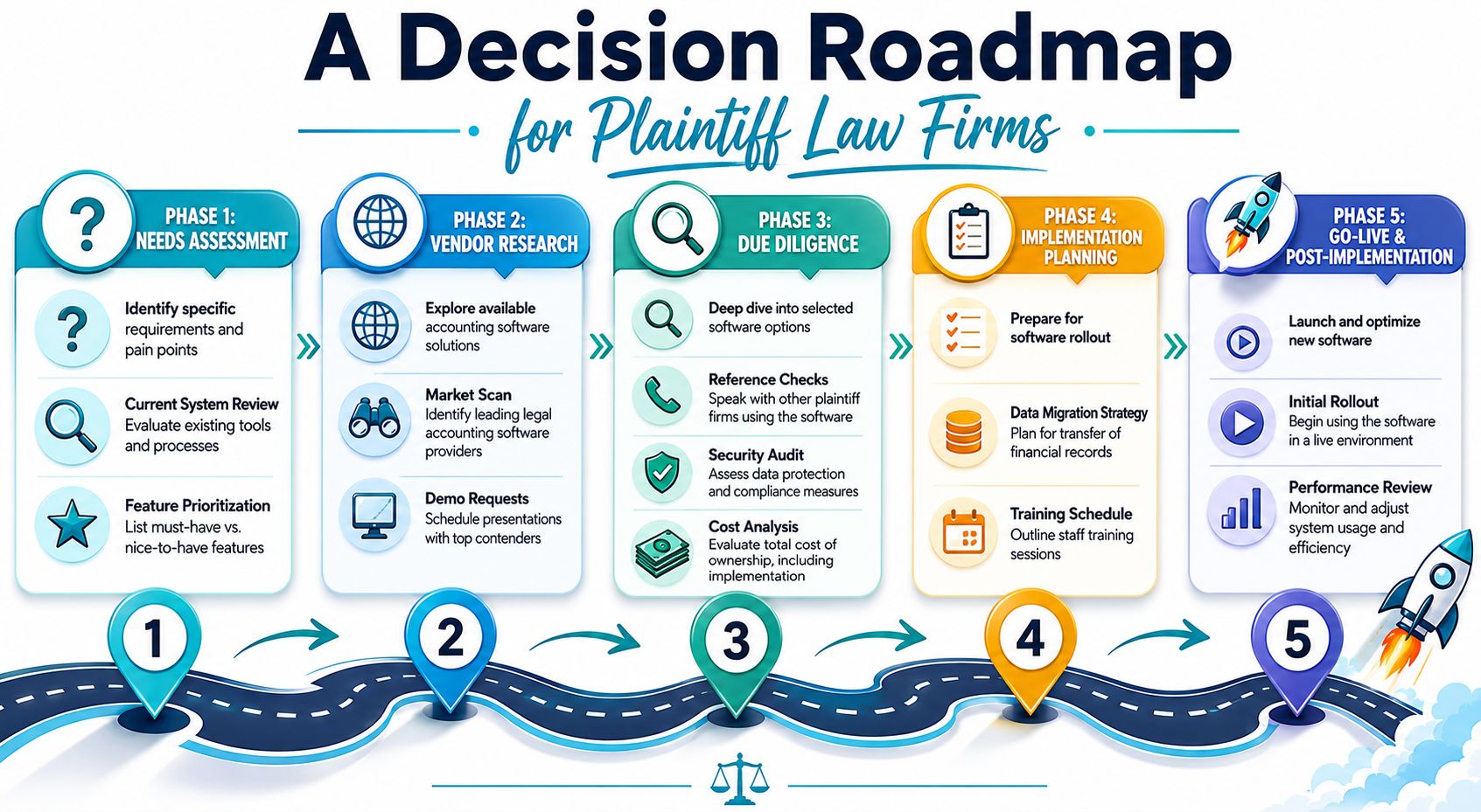 A five-phase decision roadmap infographic for plaintiff law firms selecting new accounting software solutions.