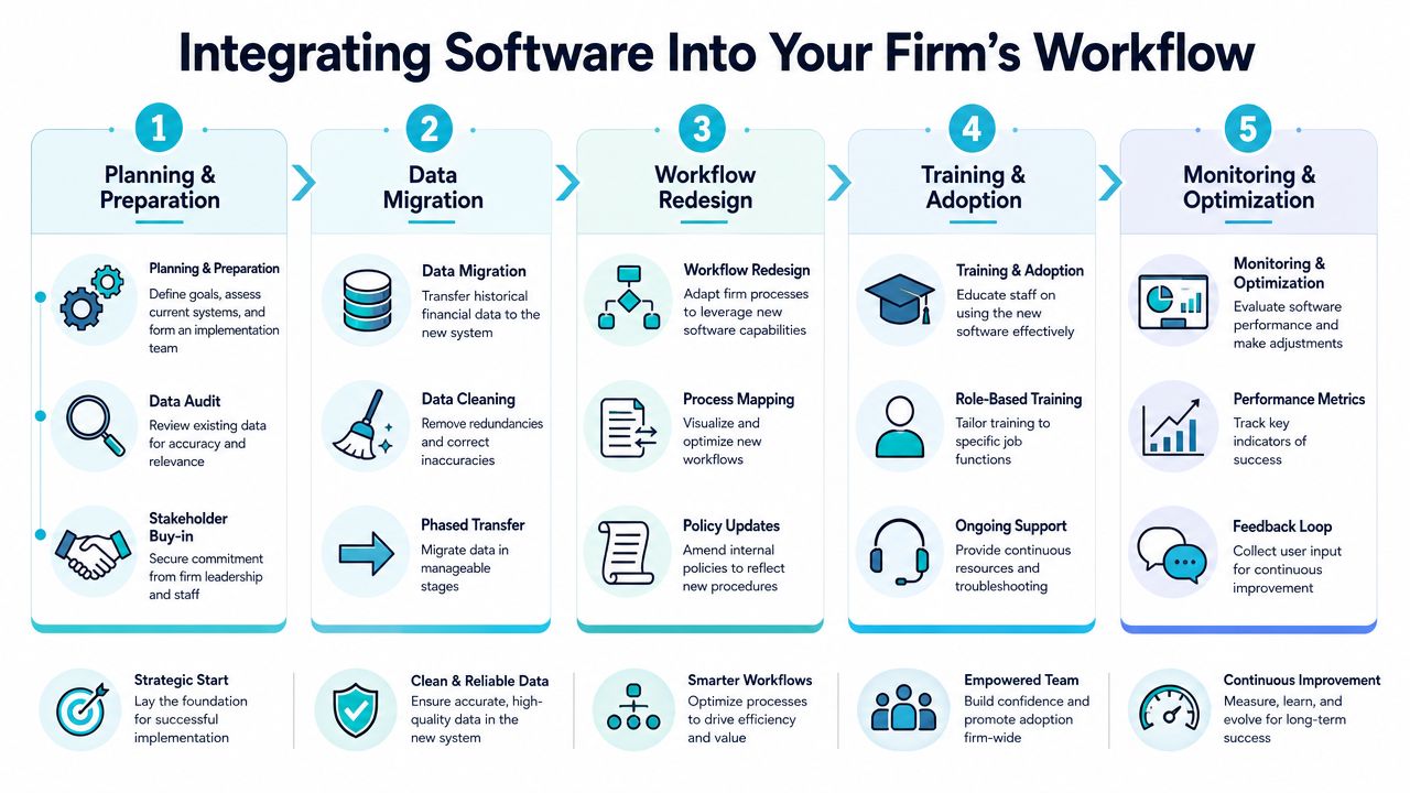 A five-step infographic showing the process of integrating new software into a professional firm's workflow.