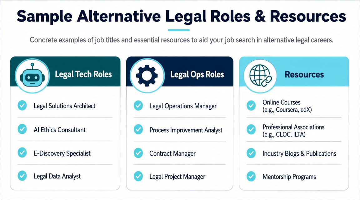 A graphic listing job titles for legal technology, operations roles, and helpful resources for career advancement.