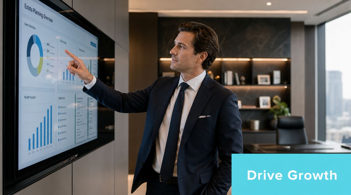 A professional man in a suit presenting estate planning data on a large digital touch screen.