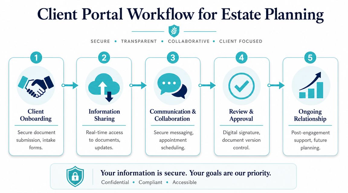 A five-step workflow graphic illustrating a secure client portal process for legal estate planning services.