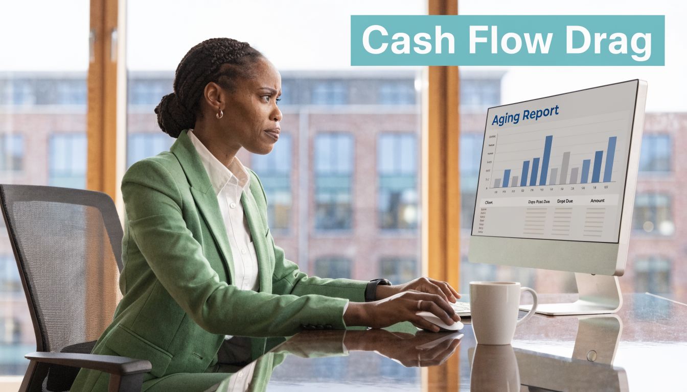 A businesswoman in a green blazer reviewing an aging accounts receivable report on her computer screen.