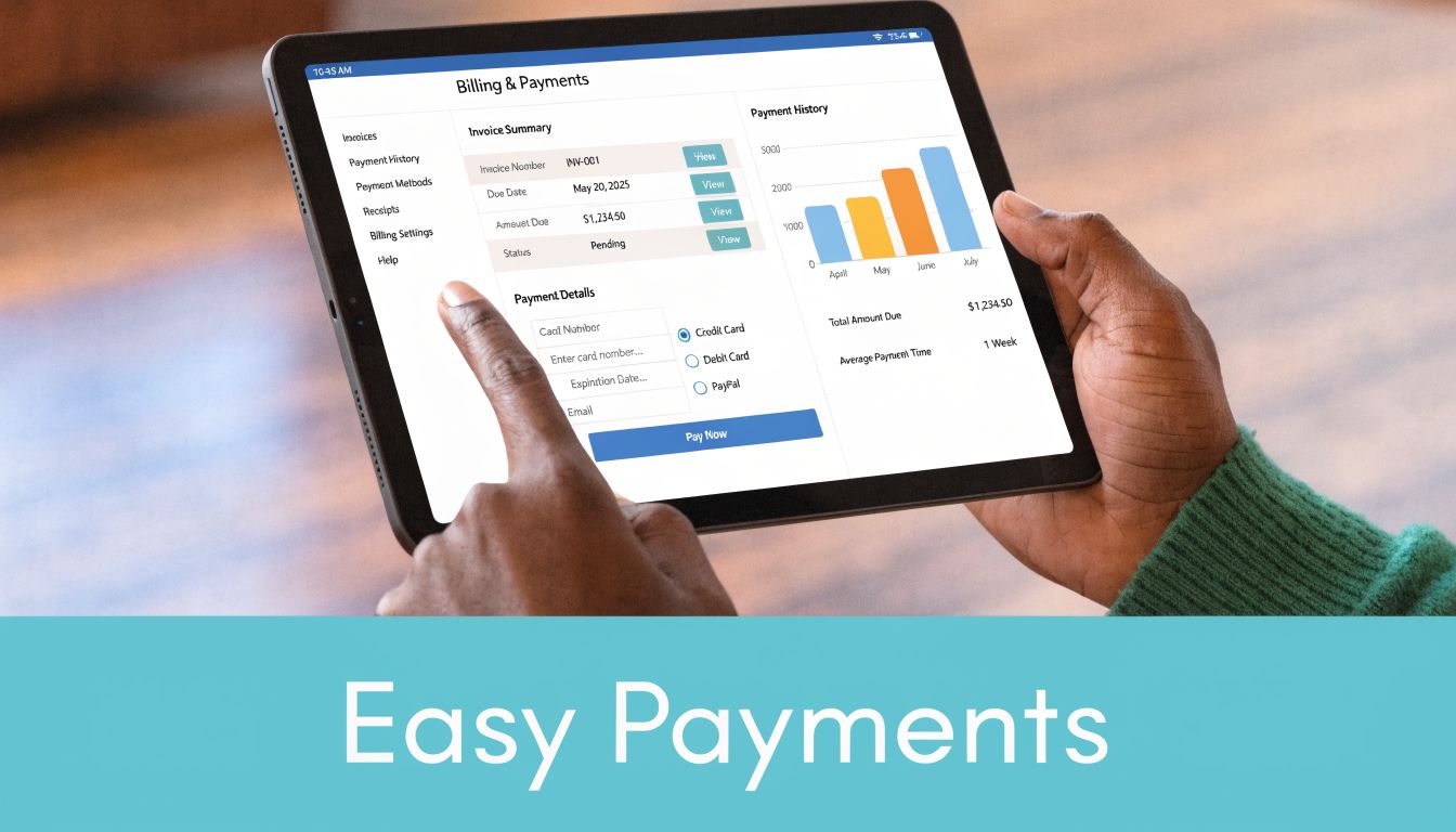 A person using a tablet to manage billing and payments through a digital financial dashboard interface.