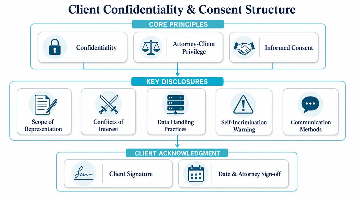 An infographic titled Client Confidentiality & Consent Structure outlining core legal principles, disclosures, and client acknowledgment requirements.