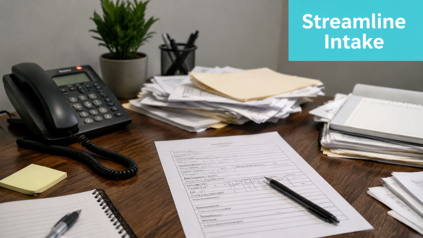 A cluttered office desk with a criminal law client intake form, a phone, and stacks of paperwork.