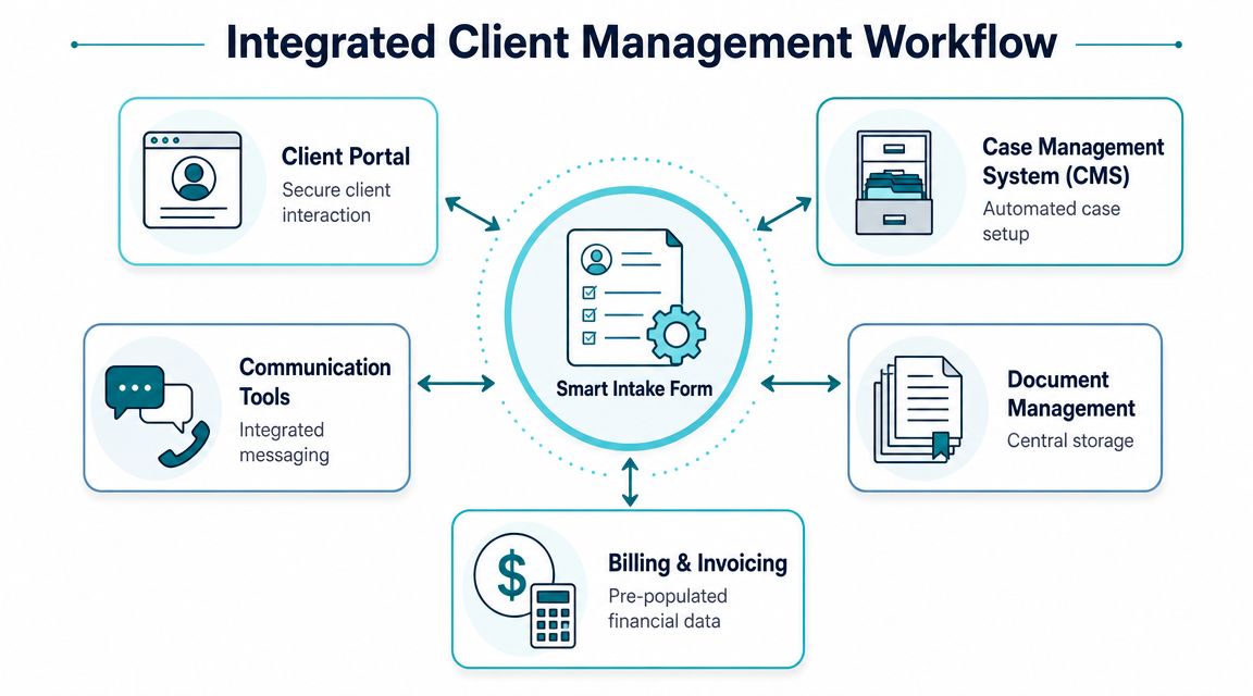 A diagram illustrating an integrated client management workflow with a central smart intake form connecting various systems.