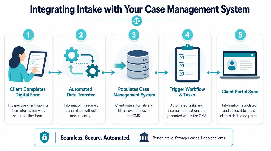 A flowchart showing five steps for integrating a digital intake form with a legal case management system.