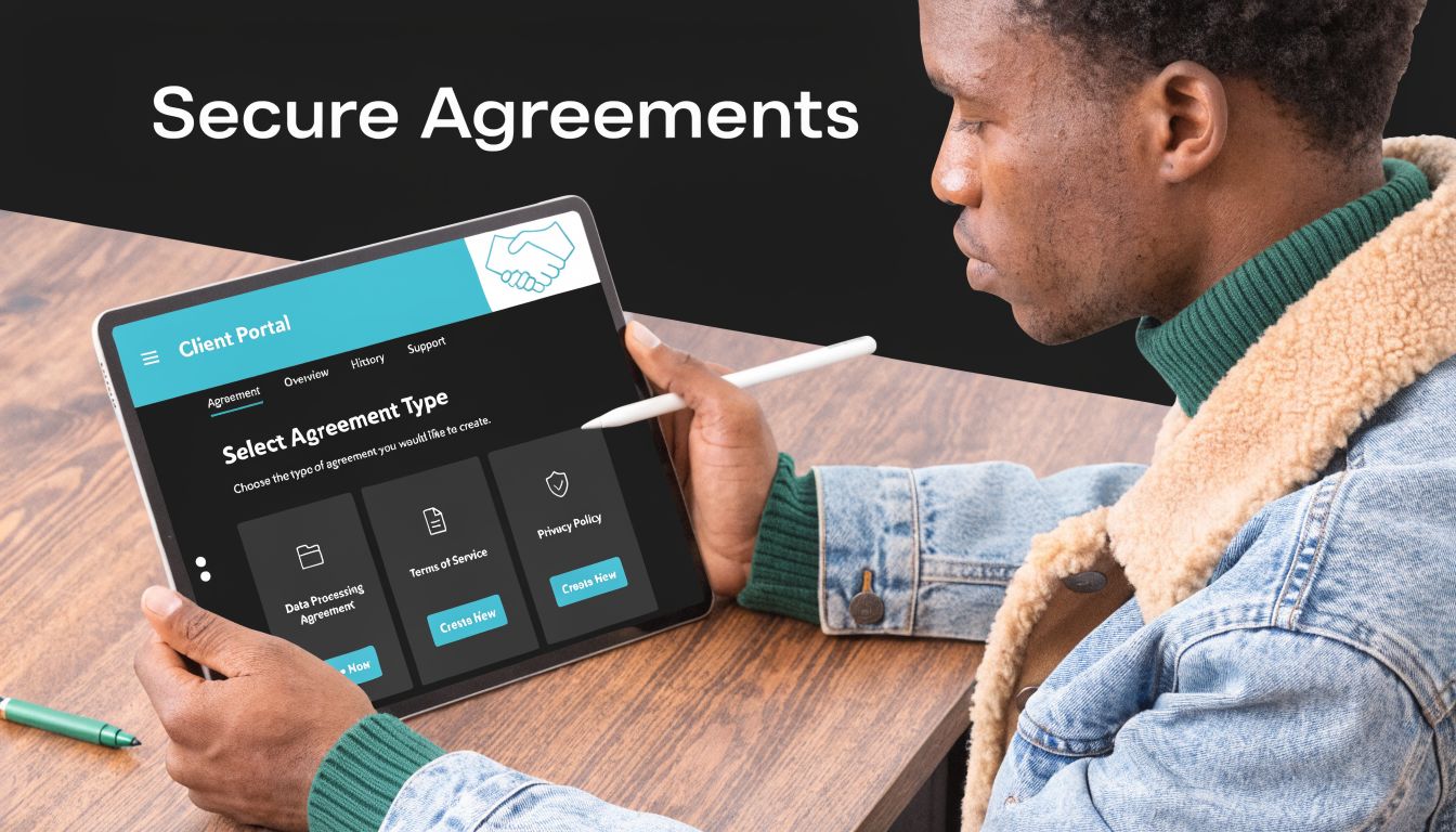 A person using a tablet to select digital agreement types on a secure client portal interface.