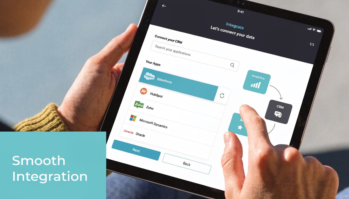 A person using a tablet to select CRM software integration options for a digital business application.