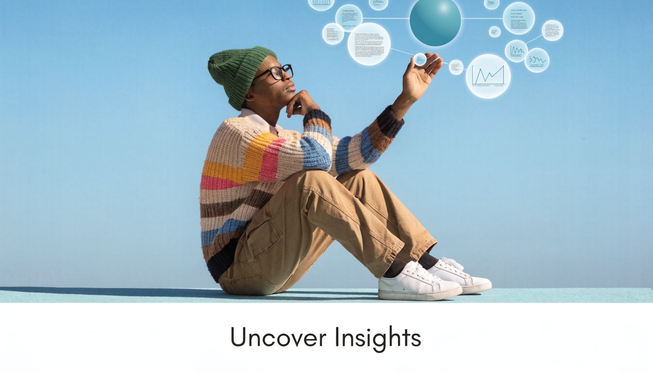 A stylish young man in a beanie and striped sweater sits against a blue sky, interacting with digital charts.