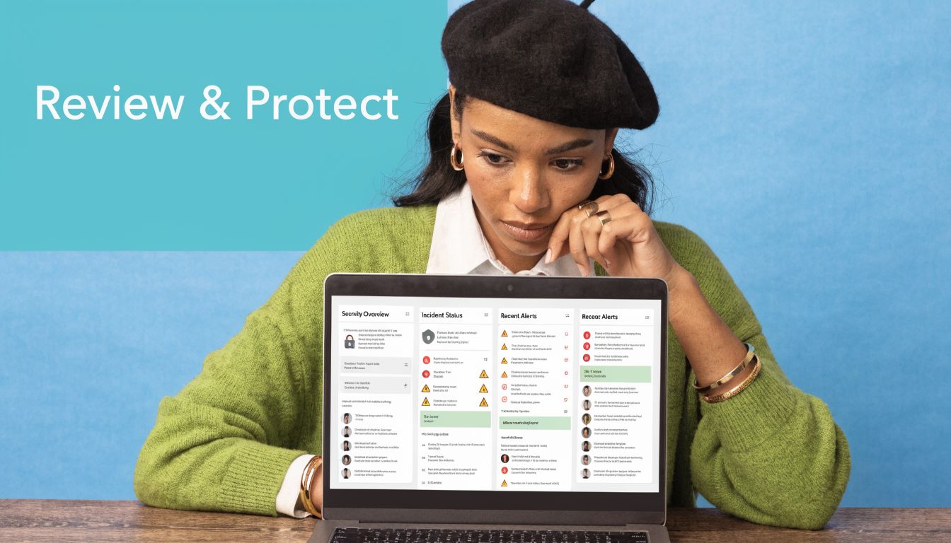 A woman wearing a beret looking at a security dashboard on a laptop with the text Review & Protect.