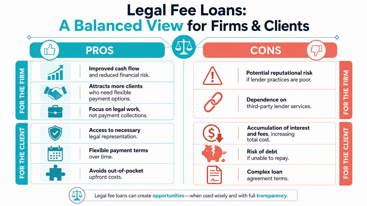 An infographic titled Legal Fee Loans showing a balanced comparison of pros and cons for firms and clients.