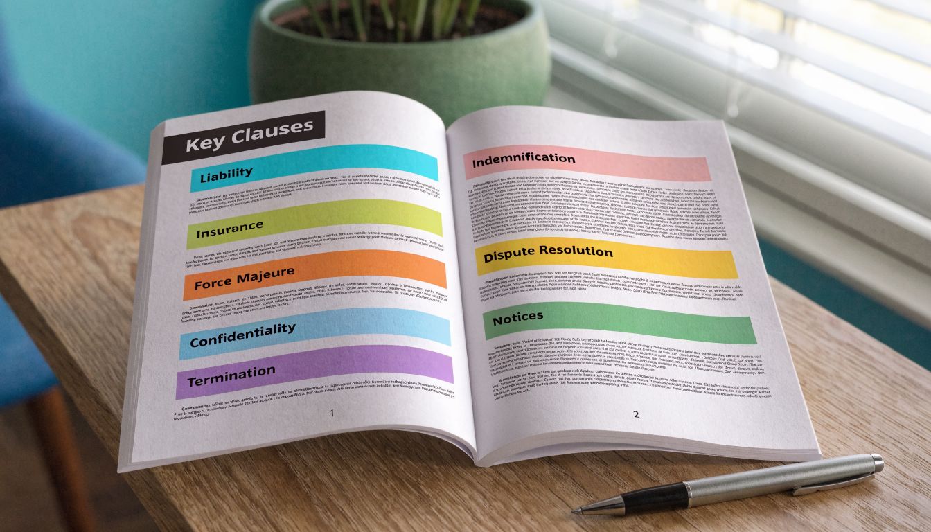 An open legal booklet showing key business contract clauses on a wooden desk with a pen.
