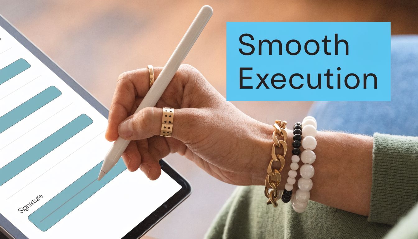 A close-up of a person using a stylus on a tablet to sign a document.