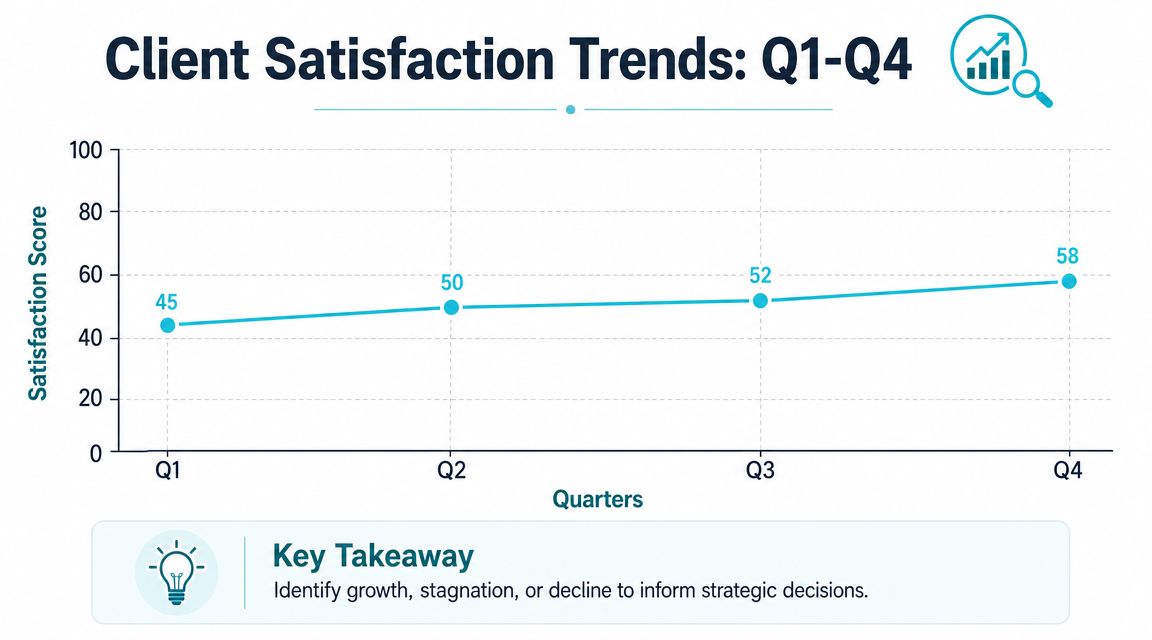 Line chart showing a steady upward trend in client satisfaction scores from Q1 through Q4.