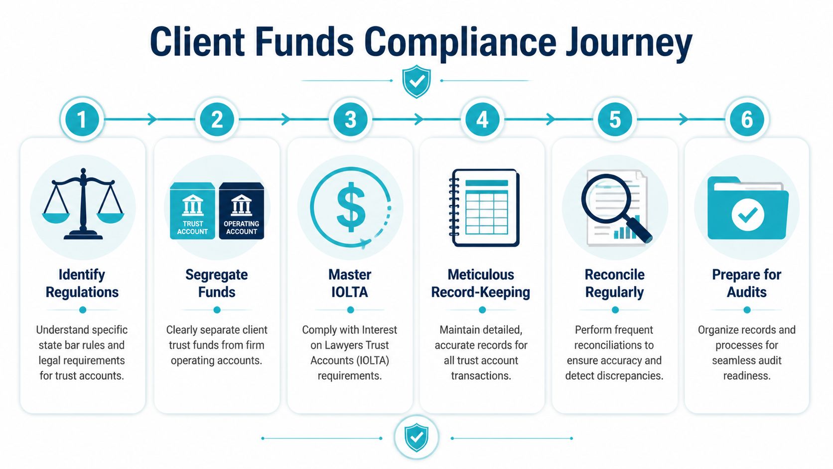 An infographic titled Client Funds Compliance Journey showing six sequential steps for managing legal trust accounts.