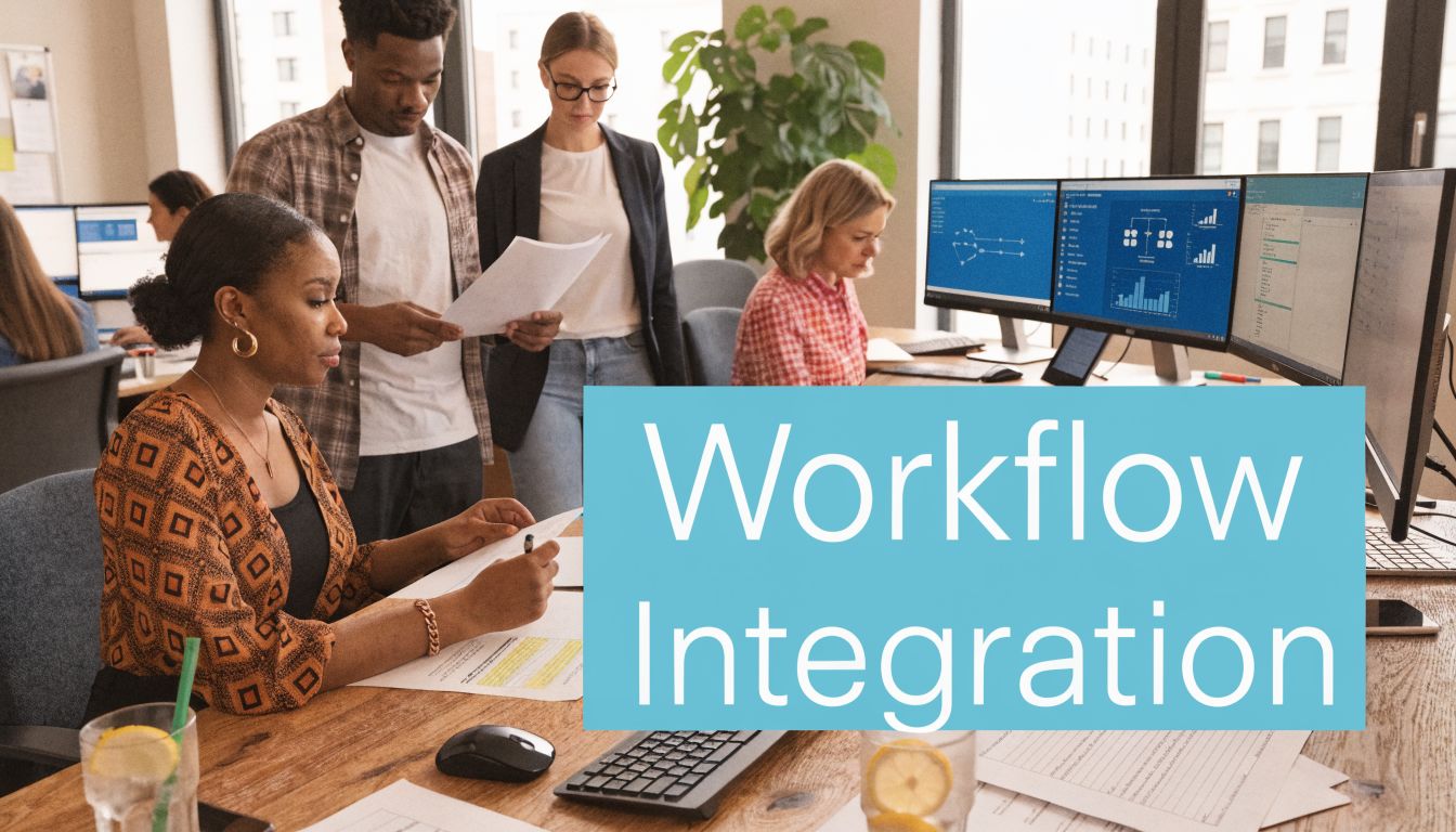 A diverse team of professionals collaborating on a project in a modern office with computers.