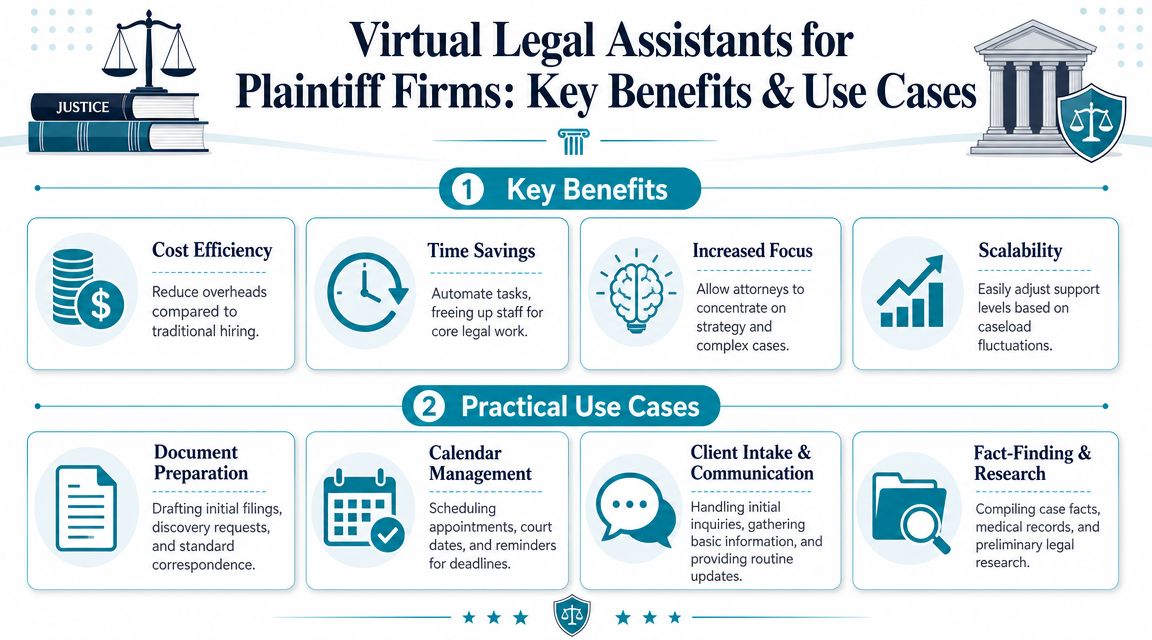 An infographic detailing the key benefits and practical use cases for virtual legal assistants in plaintiff firms.