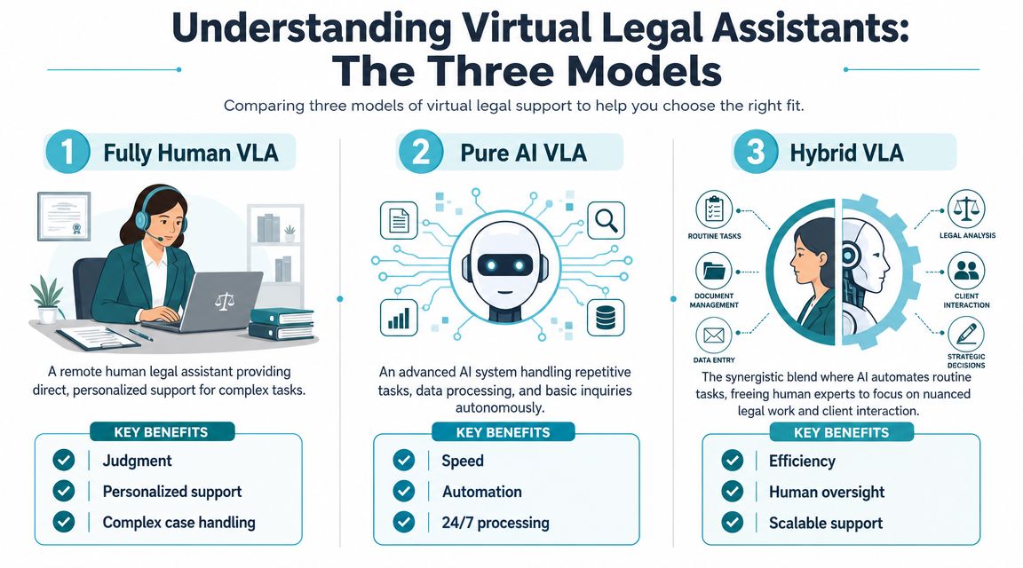 An infographic comparing three models of virtual legal assistants: fully human, pure AI, and hybrid models.