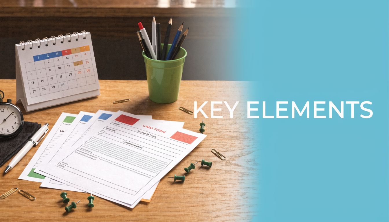 A wooden desk featuring a calendar, a pen, push pins, and claim forms for administrative planning.