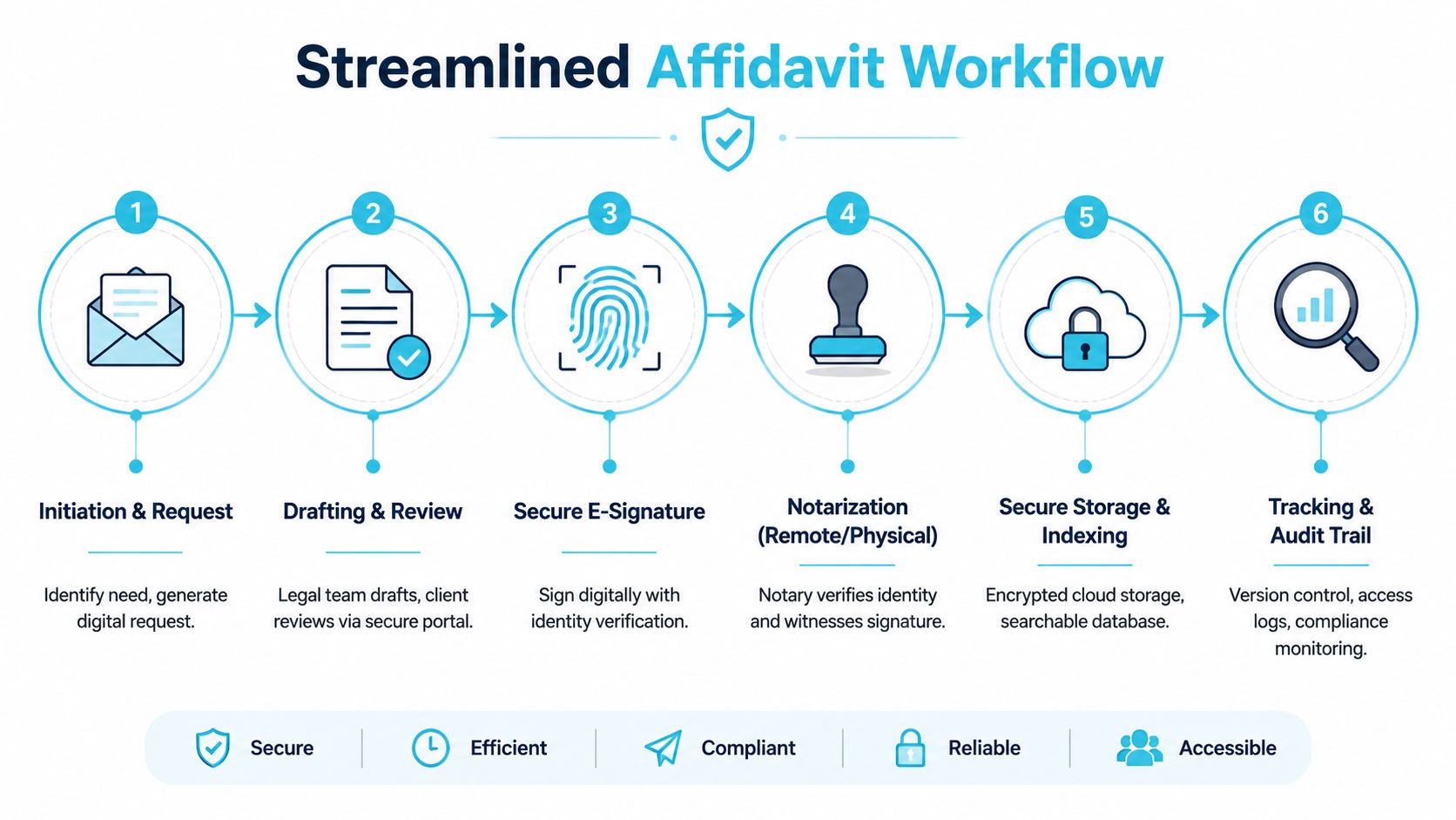 A diagram illustrating a streamlined six-step digital workflow for managing affidavit requests, processing, and secure storage.