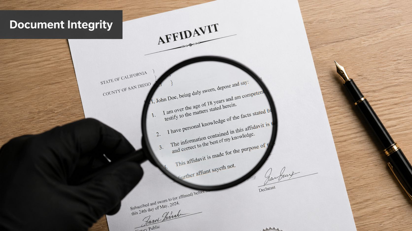 A gloved hand holding a magnifying glass over an affidavit document on a wooden desk.