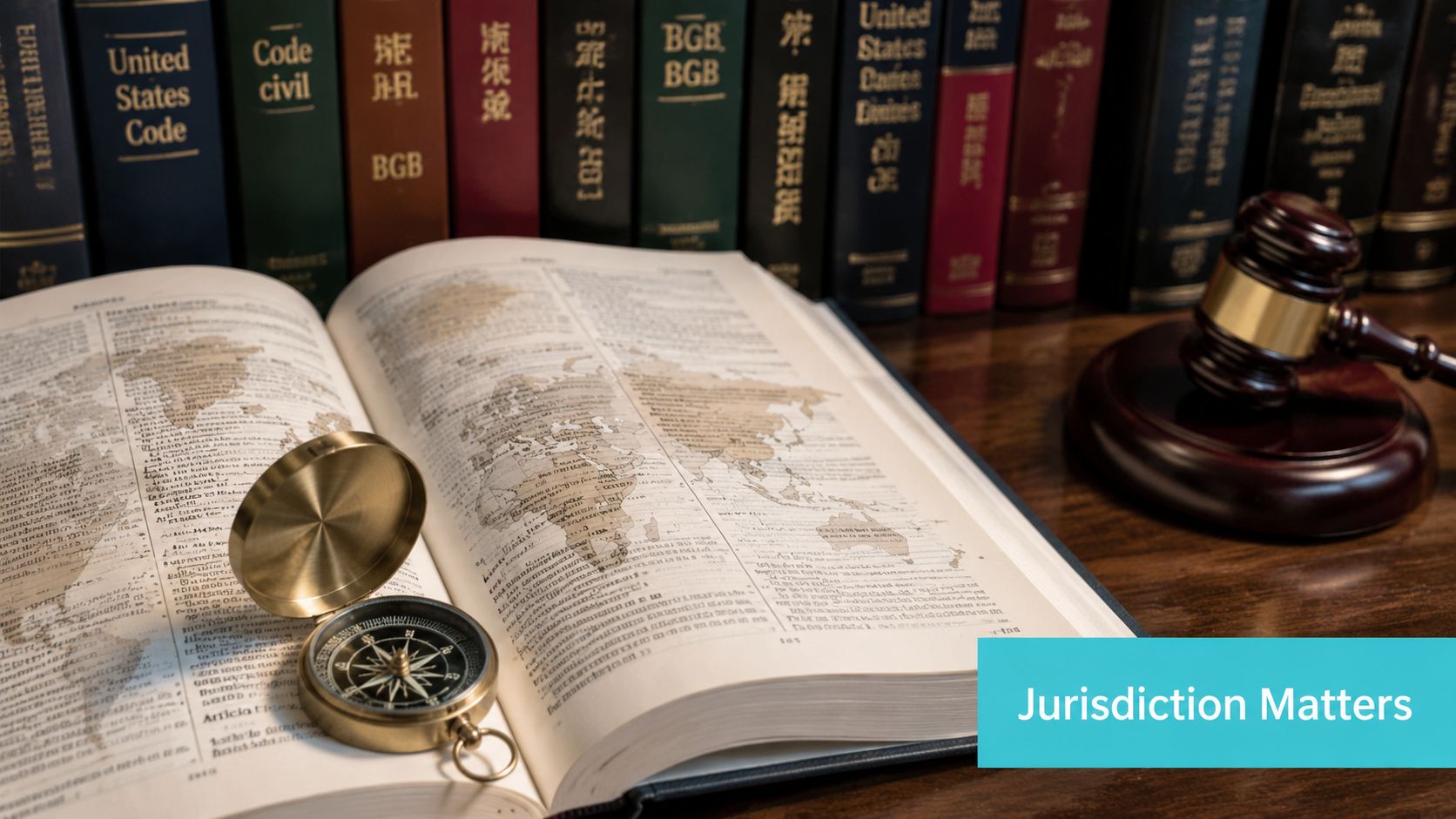 A wooden gavel, an antique compass, and an open book featuring a map on a table.