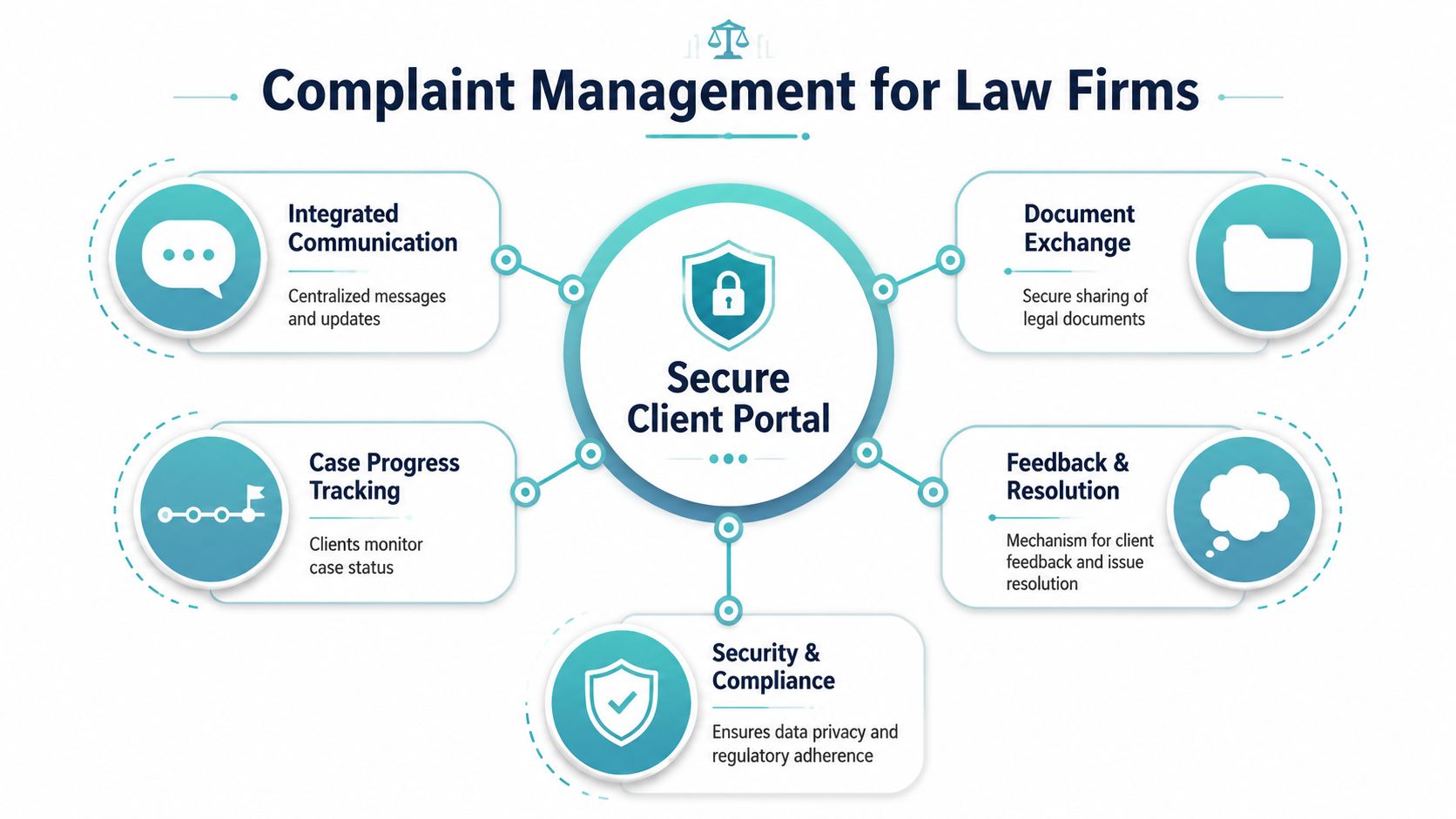 A diagram illustrating a Secure Client Portal for managing legal firm complaints, showcasing integrated communication, tracking, and security features.