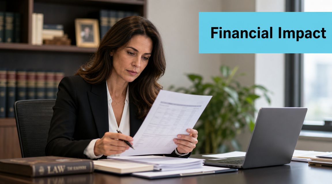 A professional woman in a suit reviewing legal documents at her desk in a law firm.