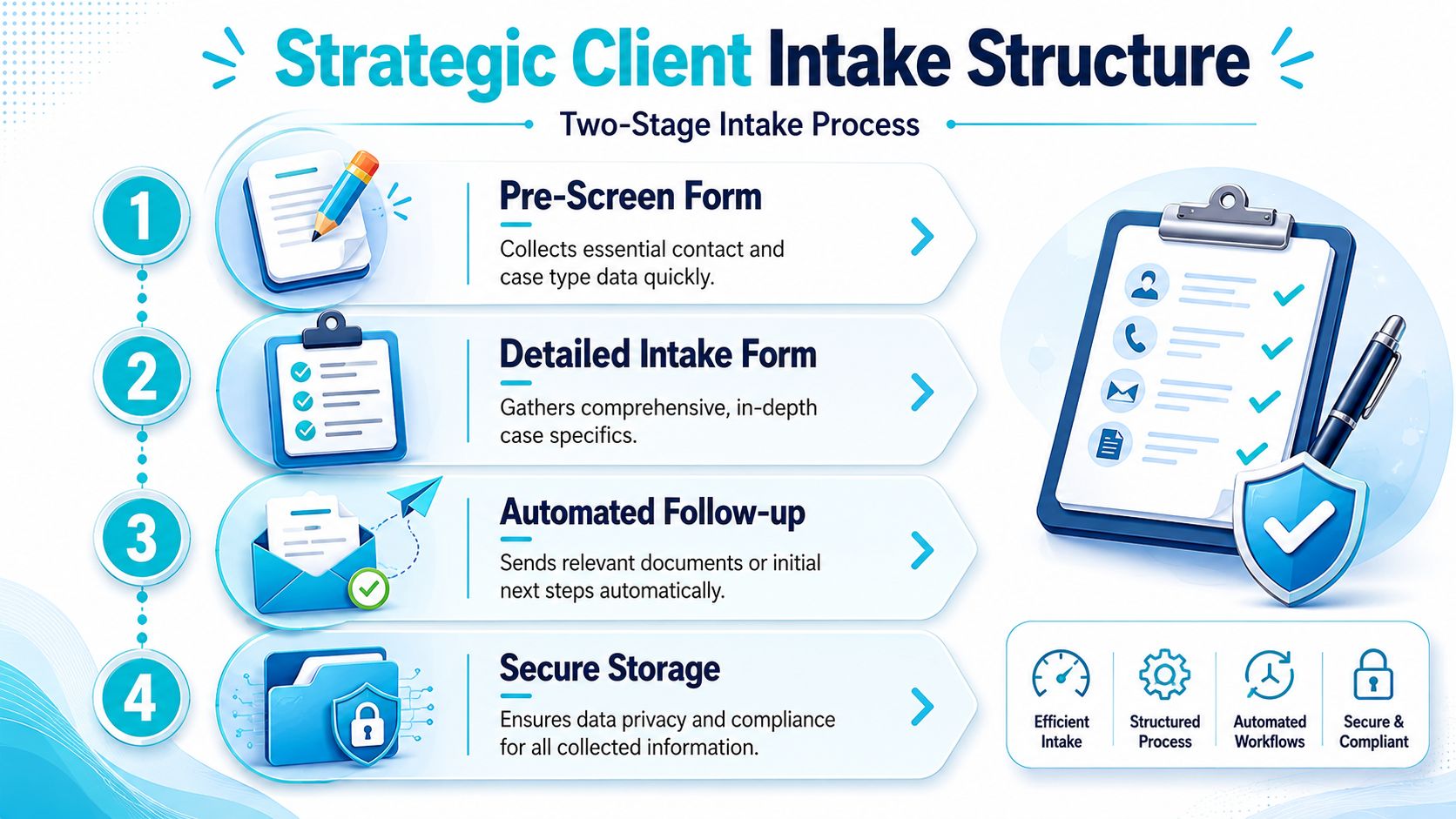 A four-step infographic illustrating a structured strategic client intake process for a professional law firm.