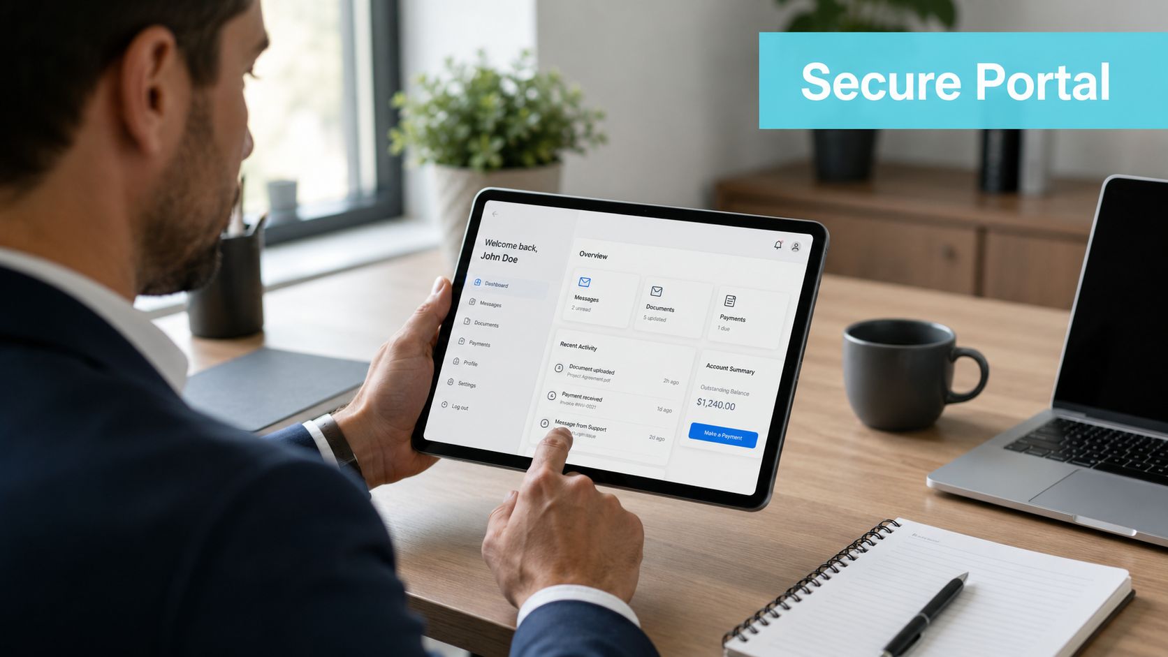 A professional man reviewing his secure law firm client portal on a tablet device at a desk.