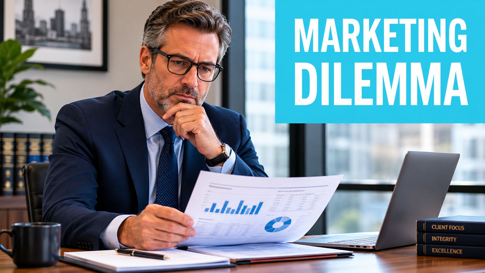 A professional man in a suit reviewing business data charts at an office desk.