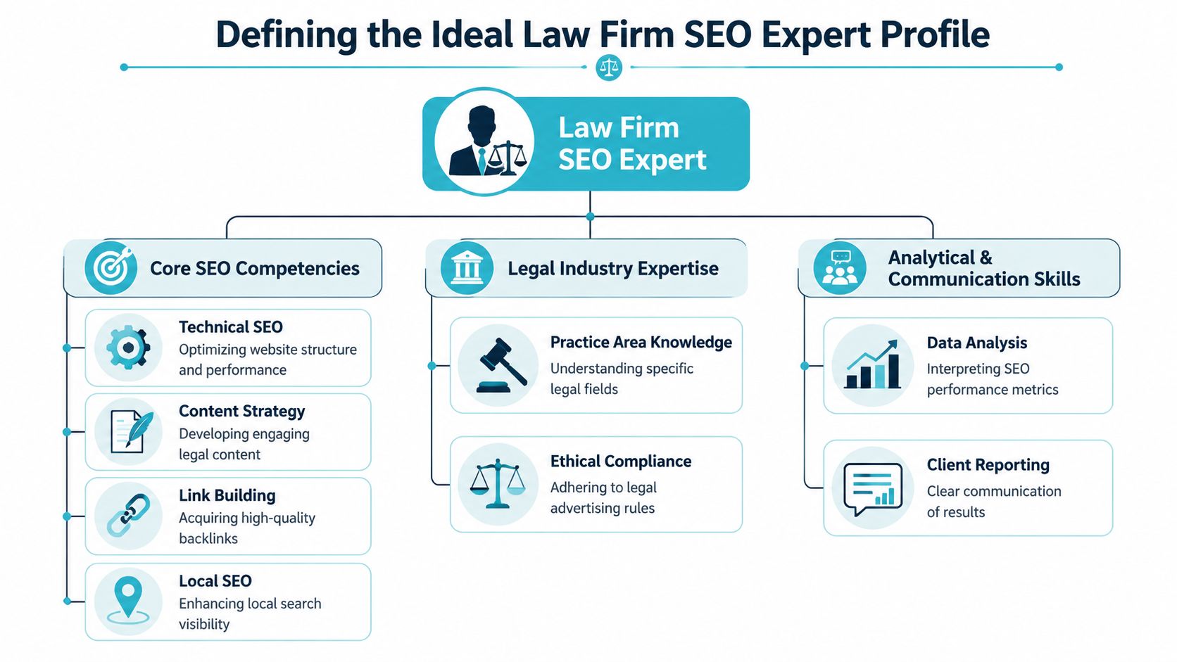 A flowchart infographic titled Defining the Ideal Law Firm SEO Expert Profile outlining essential skills and expertise.