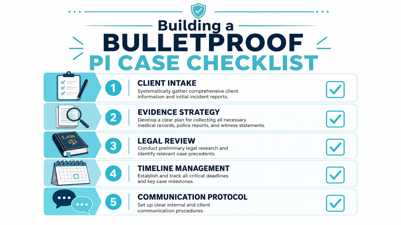 A checklist infographic outlining five essential steps for building a bulletproof personal injury legal case.