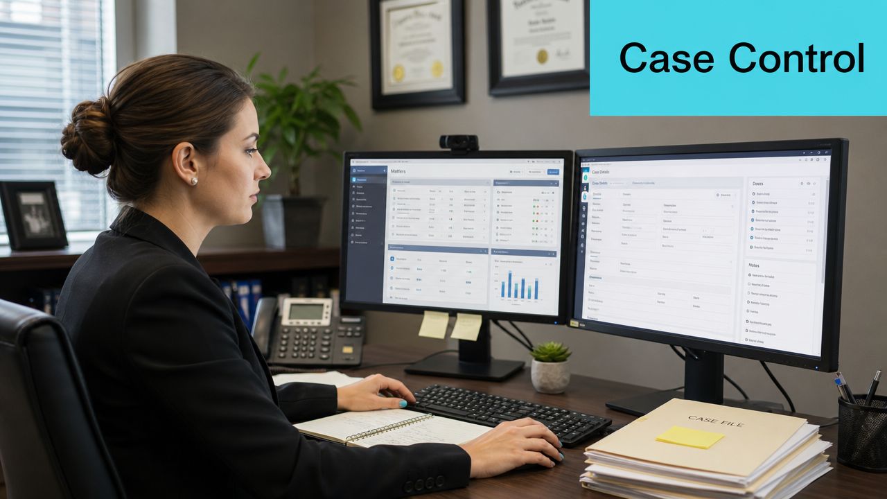 A professional woman working at her desk with dual computer monitors and a case file folder.
