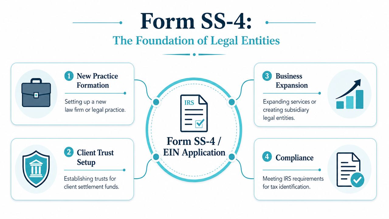 A diagram outlining the importance of IRS Form SS-4 for legal entities, business expansion, and tax compliance.