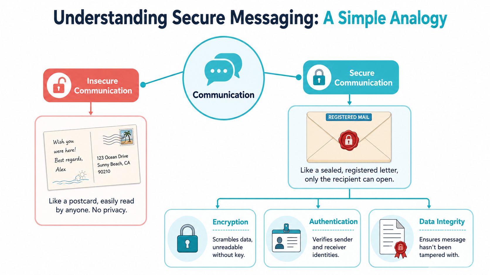 A diagram comparing insecure postcard messaging with secure encrypted communication using the analogy of a registered letter.