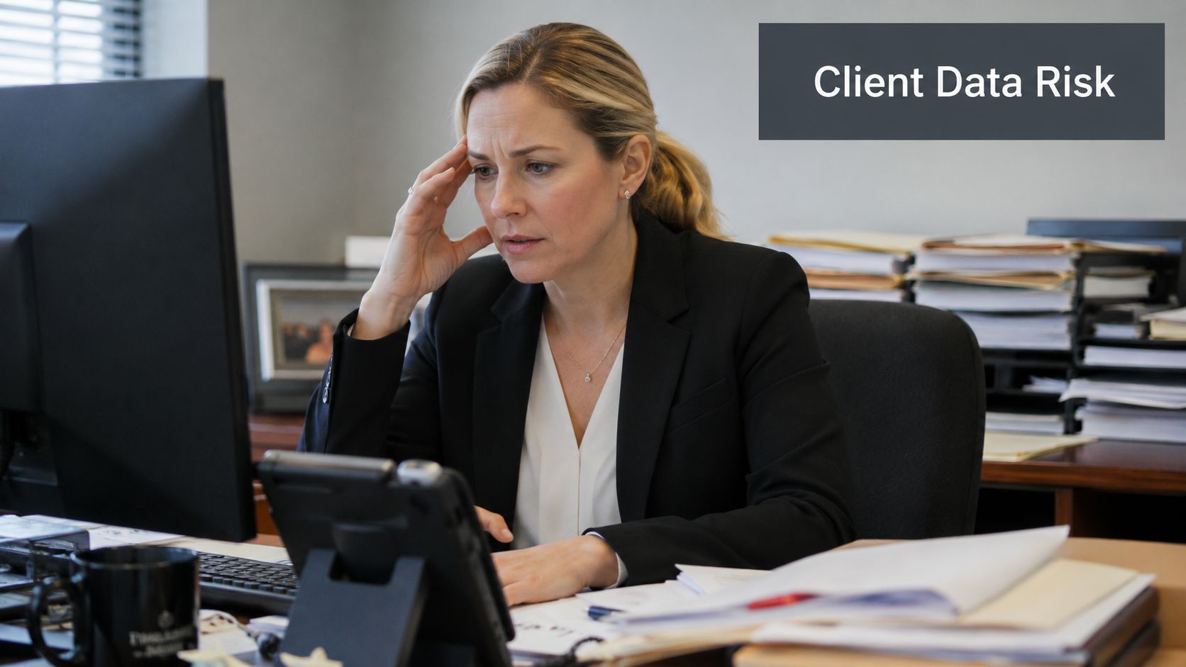 A stressed woman sitting at an office desk looking at a computer screen while reviewing documents.